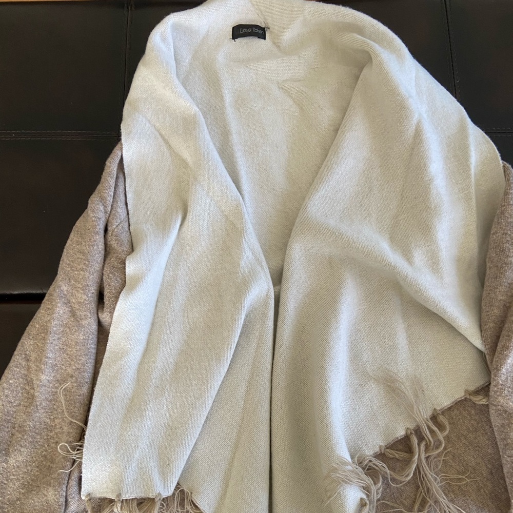 Tan and white cardigan with wrap around front